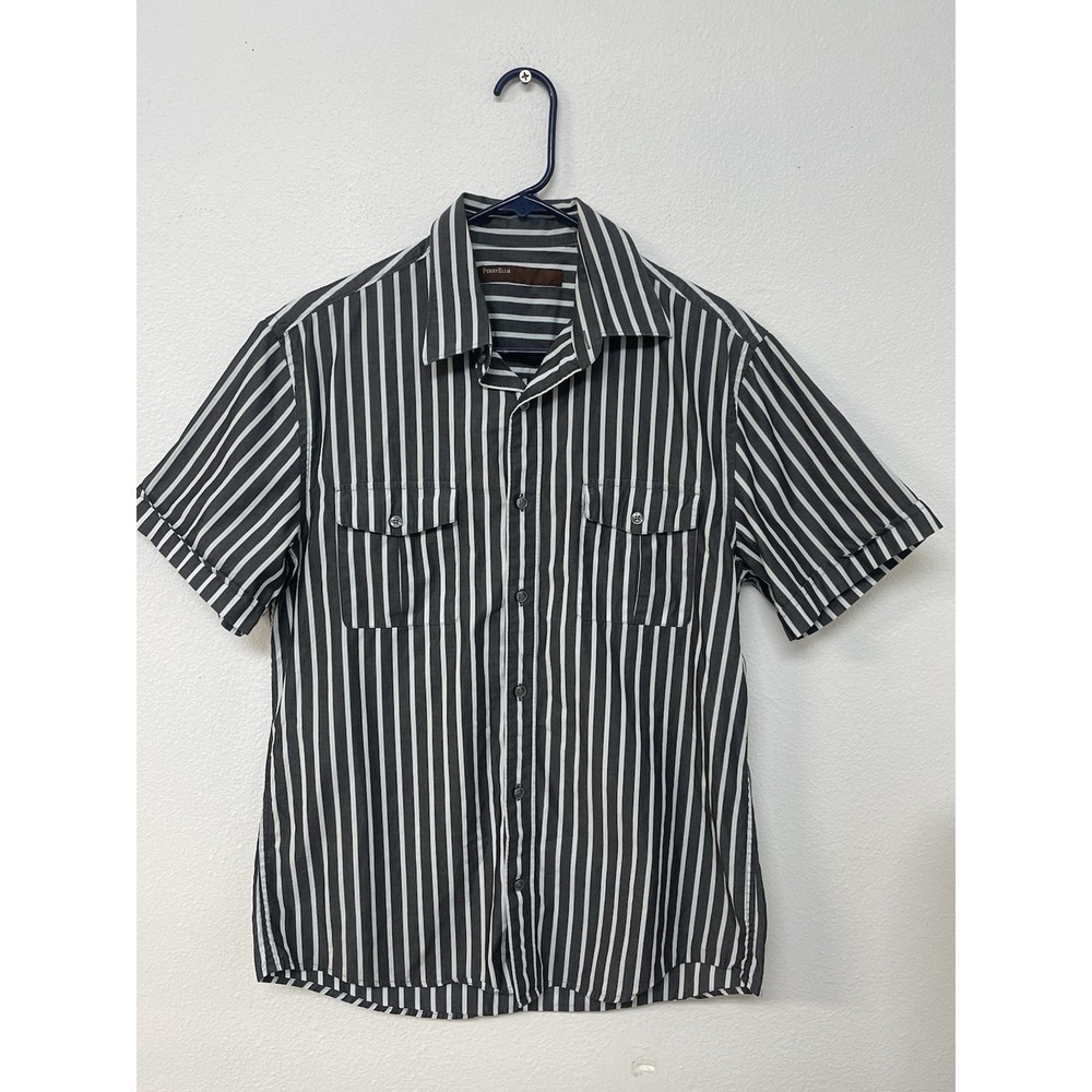Perry Ellis Men's Short Sleeve Button Down Shirt Grey Striped 100% Cotton Med